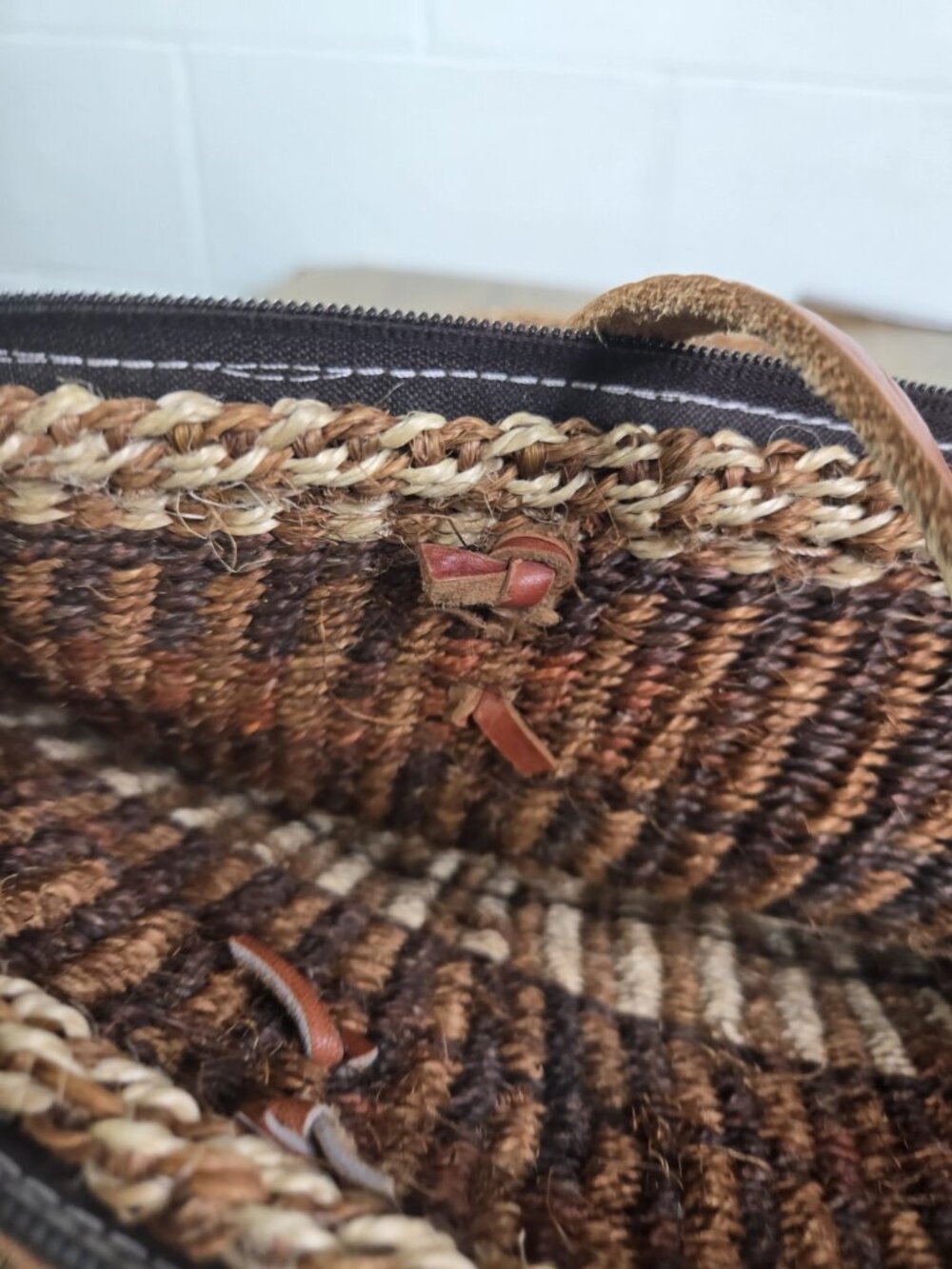vtg Sisal Jute leather shopper tote african kenya tote purse zip closure - Picture 10 of 10